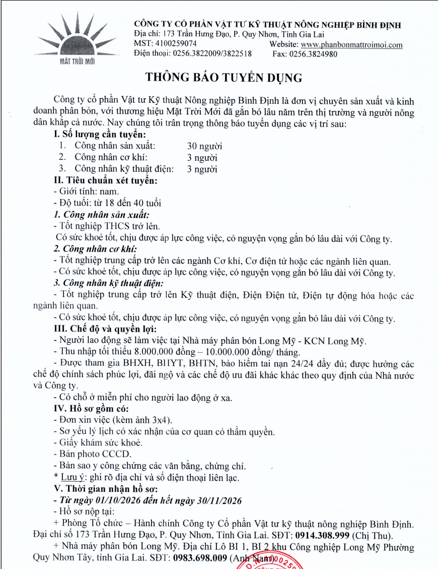 THÔNG BÁO TUYỂN DỤNG - CÔNG TY CỔ PHẦN VẬT TƯ KỸ THUẬT NÔNG NGHIỆP BÌNH ĐỊNH