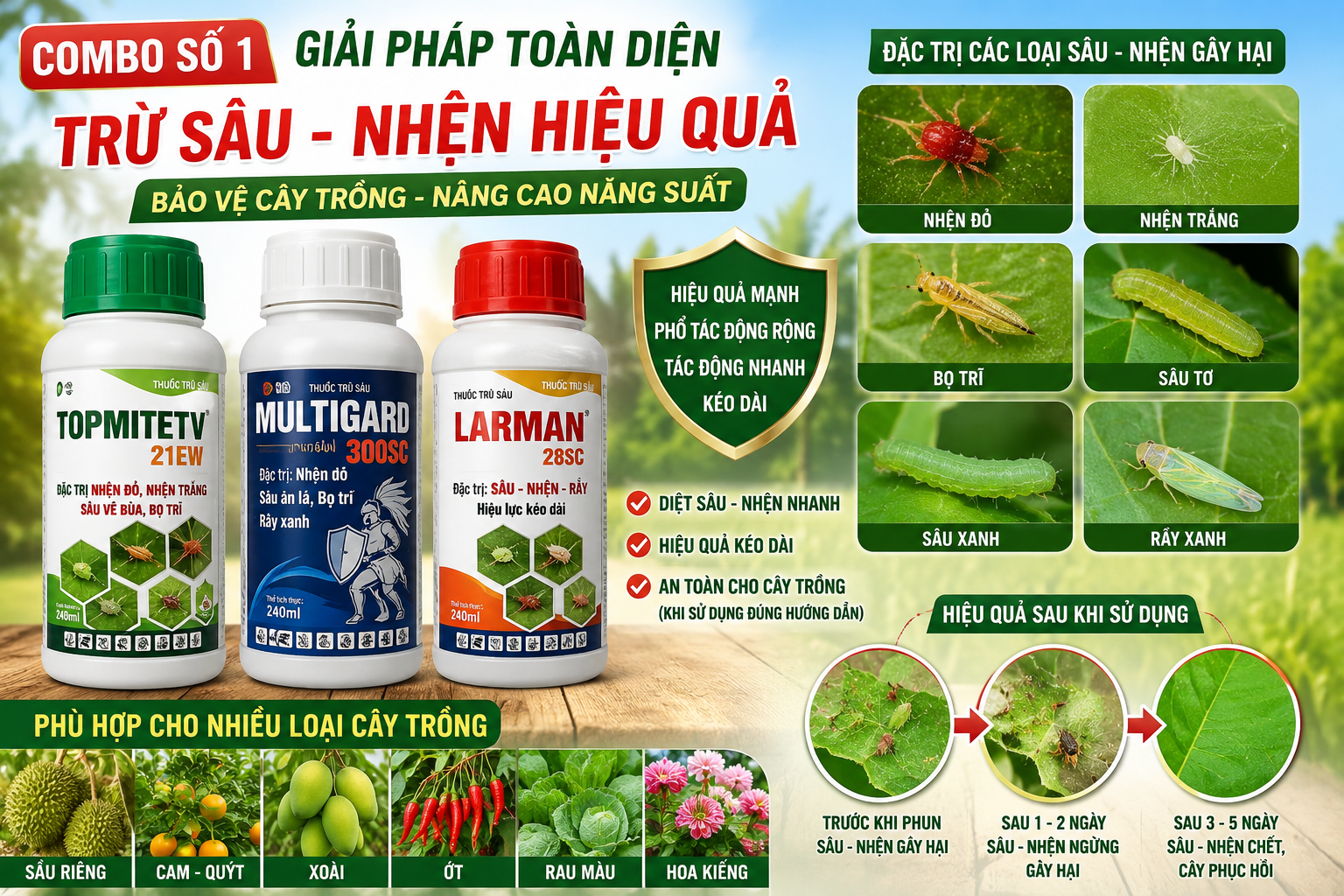 COMBO Số 1 TOPMITETV 21EW + MULTIGARD 300SC + LARMAN 28SC – Giải pháp kiểm soát sâu và nhện hiệu quả cho cây trồng, hoa màu