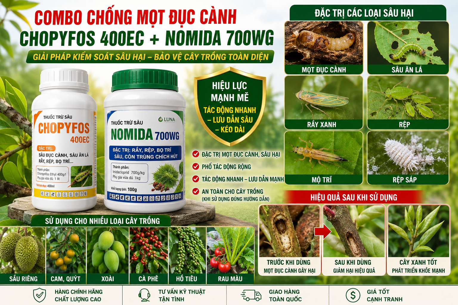 Thuốc trừ sâu CHOPYFOS 400EC + NOMIDA 700WG – Giải pháp hỗ trợ kiểm soát mọt đục cành hiệu quả cho cây trồng