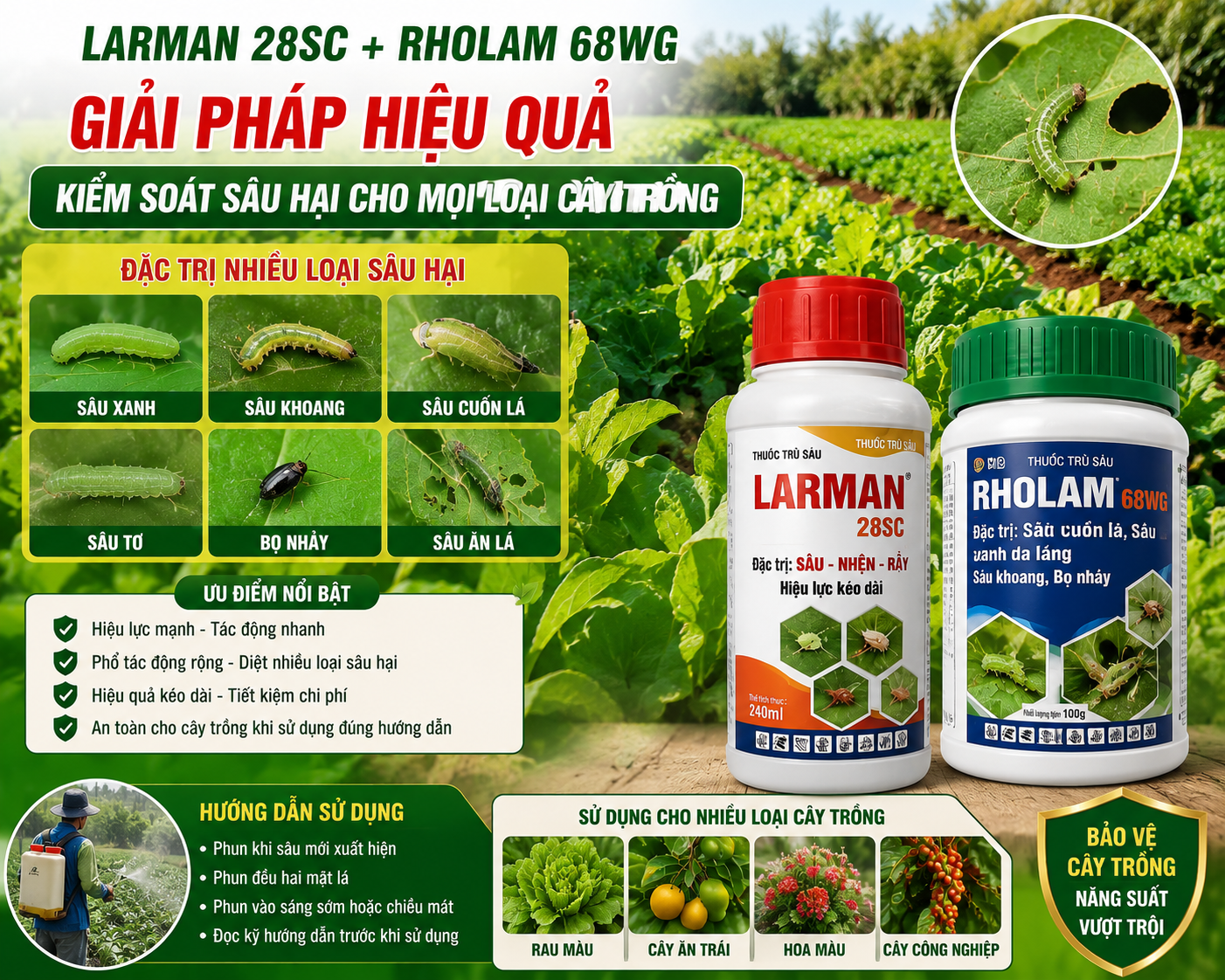 Thuốc trừ sâu LARMAN 28SC + RHOLAM 68WG – Giải pháp hỗ trợ kiểm soát sâu hại hiệu quả cho cây trồng và hoa màu