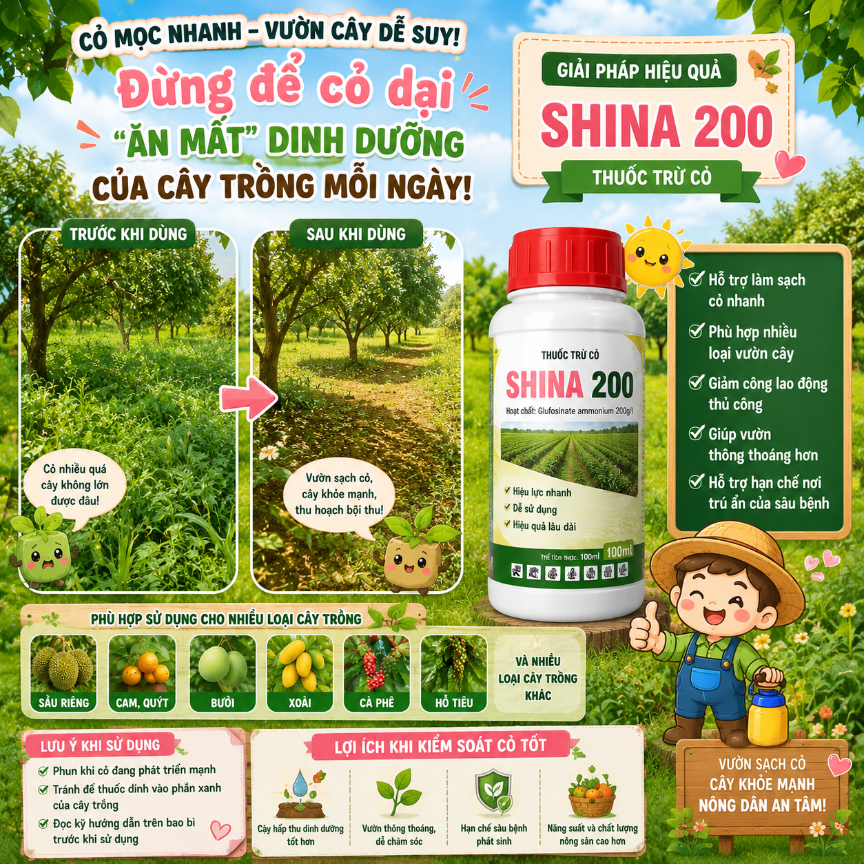 Thuốc trừ cỏ SHINA 200 – Giải pháp làm sạch cỏ nhanh cho vườn cây, tiết kiệm công chăm sóc