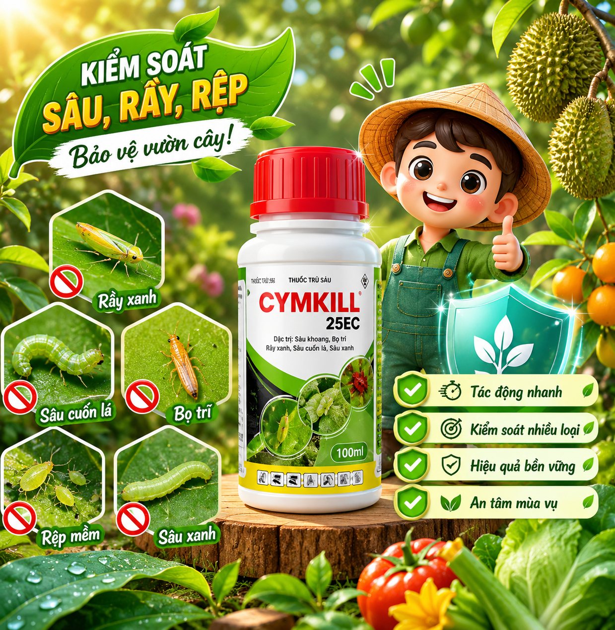 Thuốc trừ sâu CYMKILL 25EC hỗ trợ kiểm soát sâu, rầy, rệp hiệu quả cho vườn cây trồng