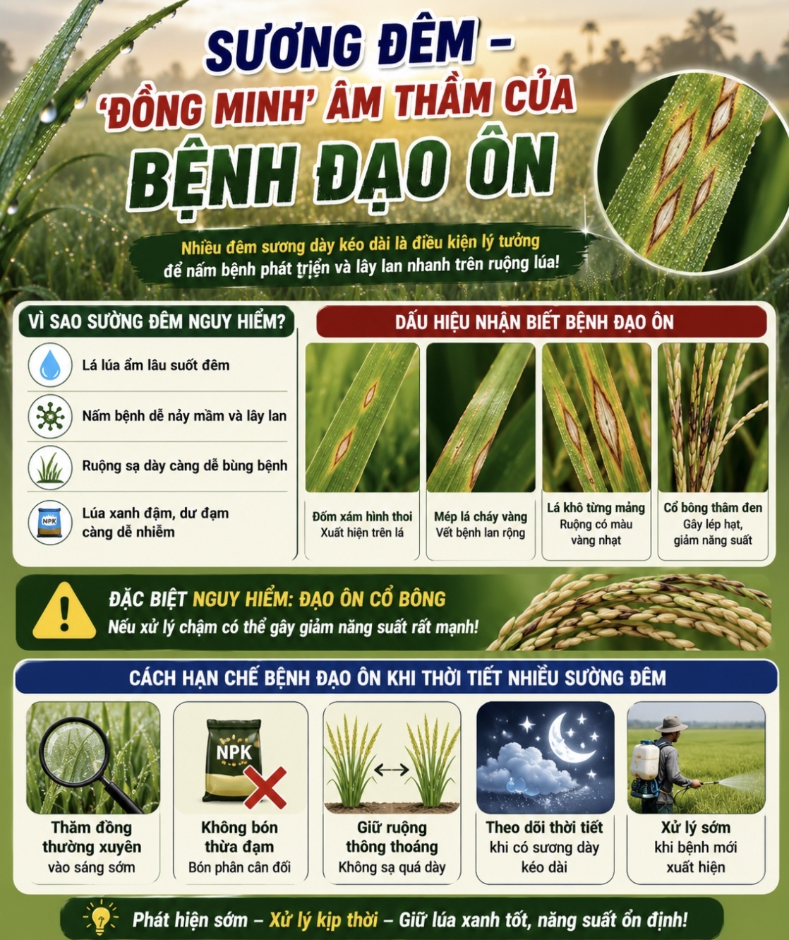 Sương đêm – “đồng minh” âm thầm khiến bệnh đạo ôn bùng phát trên ruộng lúa