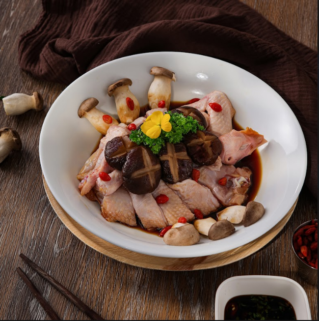 Gà Tre Hầm Nấm - (Braised Free-range Chicken with Mushrooms)